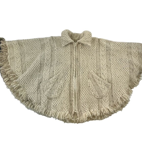Branigan Weavers Wool Sweater Cape Poncho Beige Collar Full Zip Fringe One Size - Picture 6 of 12
